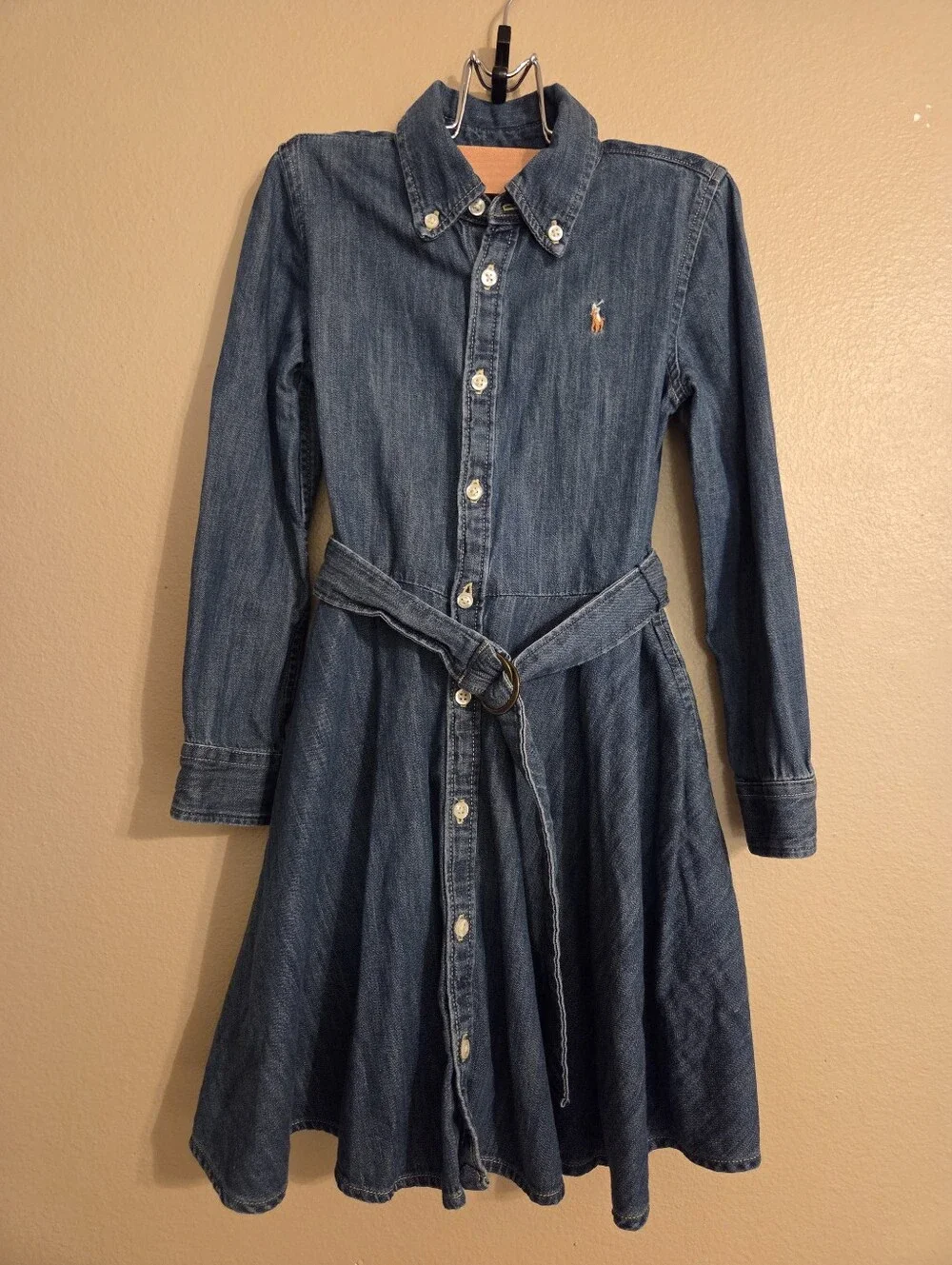POLO RALPH LAUREN Girls Belted Denim Button Down Embroidered Pony Shirt Dress
